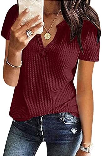 Kadın Yaz Waffle Örgü Kısa Kollu Tunik Üstleri Rahat V Boyun Henley Gevşek Bluz Gömlek Artı Boyutu