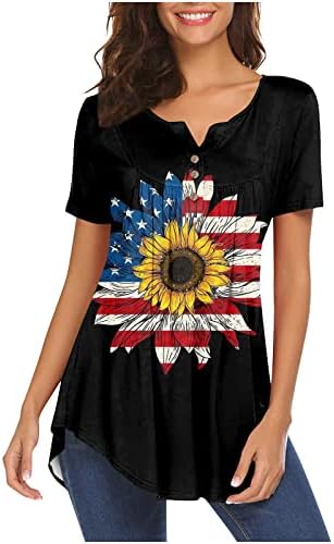3D Amerikan Bayrağı 4th Temmuz Kadınlar için Üstleri Pilili Vatansever Gömlek Yüksek Düşük Hem Henley Boyun T-Shirt Gizlemek
