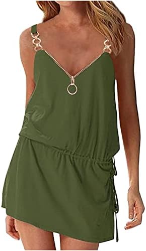 Kadın Yaz Rahat Kolsuz Güneş Elbise Zip Up V Yaka O-ring Sapanlar İpli Plaj Cover Up Tankı Mini Elbiseler