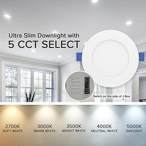 Maxxima 4 inç. 5CCT Ultra İnce Gömme LED Downlight, 750 Lümen İnce Canless, IC Anma, 5 Renk Sıcaklığı Seçilebilir 2700 K/3000
