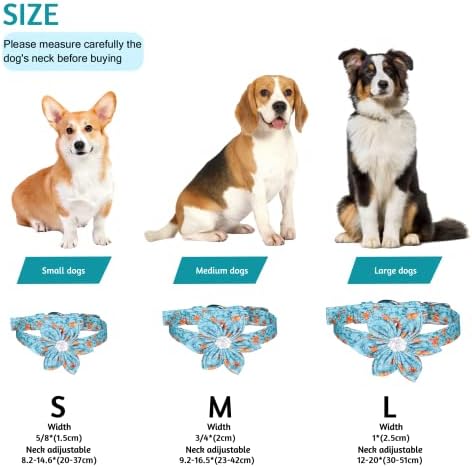 Küçük Orta Büyük Köpekler (Ler, Mavi Çiçek)için Ayarlanabilir Pin Toka Tasmaları, Çıkarılabilir Papyon ve Çiçek, Tasma ve