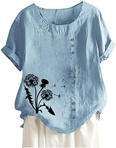 Bayan Çiçekler Bluzlar Düğme Aşağı Yaz Gevşek Fit Gömlek Pamuk Keten Yuvarlak Boyun Dışarı Çıkmak Kısa Kollu Şık Üstleri