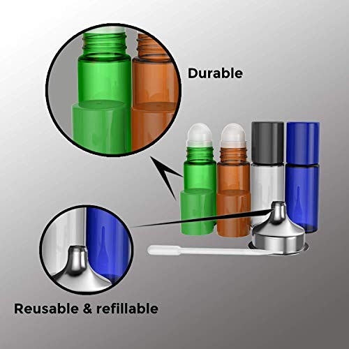 4 Paket Uçucu Yağ Rulo Şişeleri [Plastik Rulo Top] ÜCRETSİZ Plastik Pipet ve Huni - Parfüm Esansiyel Yağı için Doldurulabilir