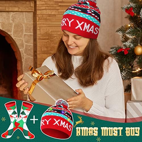 6 Paket Noel Light Up Şapka Seti Noel LED Bere Şapka Noel Ekip Çorap Gençler Erkekler Kadınlar için Noel Partisi Kaynağı
