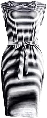 Moda Bayan gevşek yaz kolsuz yuvarlak boyun rahat çizgili kemer Mini elbise