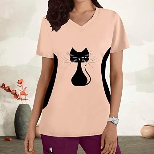 Streç Gömlek Kadınlar için Bayan Artı Boyutu Üst V Boyun Kısa Kollu Kediler Baskılar T Shirt Uzun Kollu Tees kadınlar için