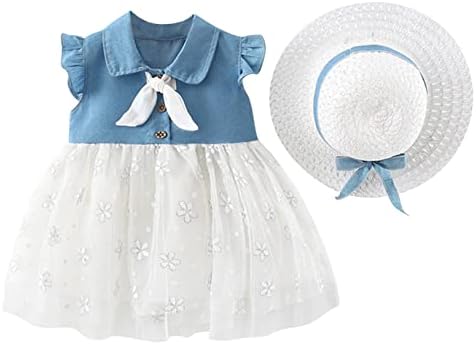 Freebily Toddler Bebek Kız Tutu Elbise Kolsuz Denim Patchwork evaze elbise + Hasır Şapka Yaz Kıyafeti