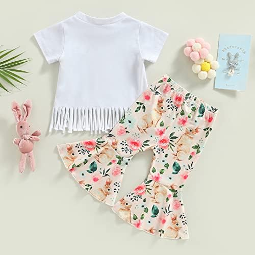 Fernvia Toddler Bebek Kız Paskalya Kıyafetleri Kısa Kollu Mektup Gömlek Tavşan Alevlendi Çan Alt pantolon seti Paskalya Giysileri