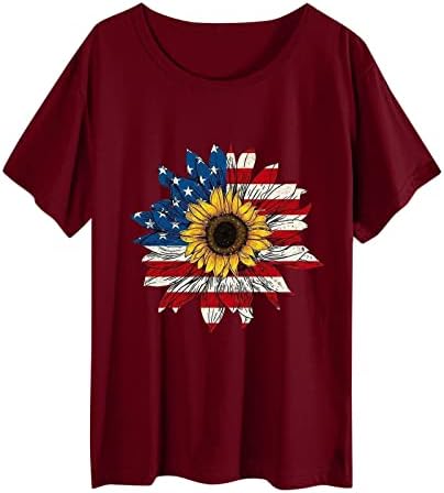 Vatansever Gömlek Kadınlar için ABD Bayrağı Yaz Kısa Kollu V Boyun Tunikler Üstleri Çizgili Kravat Boya Gevşek Fit Casual