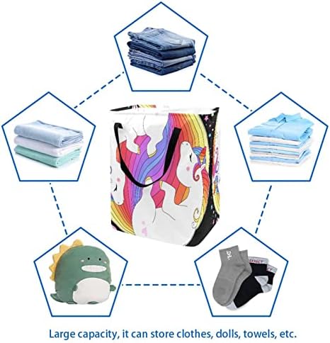 Sevimli Tek Boynuzlu At Gökkuşağı Saç Yıldız Yin Yang Desen Baskı Katlanabilir Çamaşır Sepeti, 60L Su Geçirmez çamaşır sepetleri