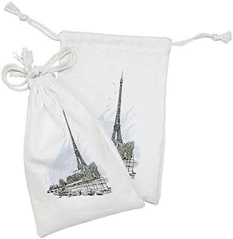 Ambesonne Paris Kumaş Çanta 2'li Set, Eyfel Kulesi Kuşları ve Ağaçları Desen Baskısının Mimari Temalı İllüstrasyonu, Banyo