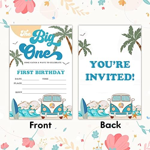 Doğum Günü Davetiyeleri Zarflı Kartlar 20'li Set-Retro Surf Van Surfboard Beach Çocuklar için Doğum Günü Partisi Davetiyeleri,