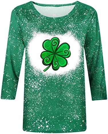 Kadın Aziz patrick Günü Üstleri 3/4 Kollu Yeşil Gömlek Komik Gnome Baskı Yuvarlak Boyun Tees Casual Ağartılmış Bluz Tişörtleri
