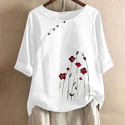T Shirt Yaz Bayan Yarım Kollu V Boyun Yan Düğme Çiçek Fit Baskılı Üst T Shirt Casual Tee Bluz Pamuk