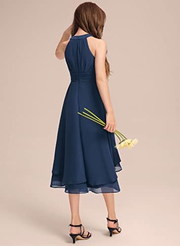 A-Line Halter Genç Nedime Elbisesi Asimetrik Şifon Düğün Çiçek Kız Elbise Genç Kızlar için Parti Pageant elbise