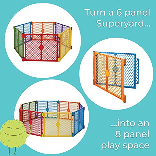 ABD'de yapılan North States Superyard Colorplay 2 Panel Uzantısından Toddleroo: Oyun Alanını 34,4 metrekareye kadar artırır.