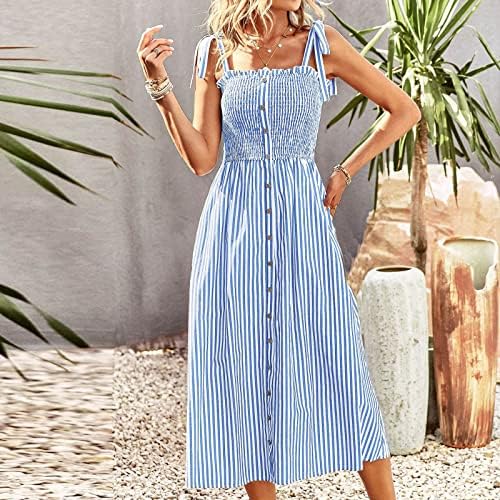 HCJKDU Sundress Kadınlar için Spagetti Sapanlar Kolsuz Önlüklü Düğme Aşağı Şerit Maxi Elbise Rahat Gevşek Tatil Plaj Elbise