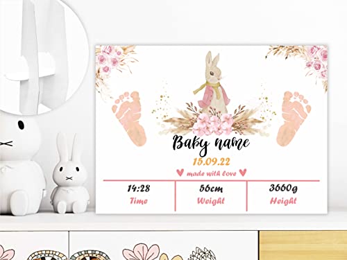 Hastane Doğum Belgesi / 8 x 11 Pembe Tavşan Boho Çiçek Tema Bebek Doğum Duyuru İşareti / Bebek Ayak İzi Sanat / Ayak İzleri