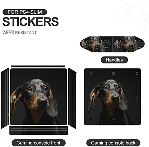 Yavru Dachshund Köpek Koyu Sevimli Etiket Cilt Koruyucu İnce Kapak için PS-4 İnce / PS-4 Pro Konsol ve 2 Denetleyici
