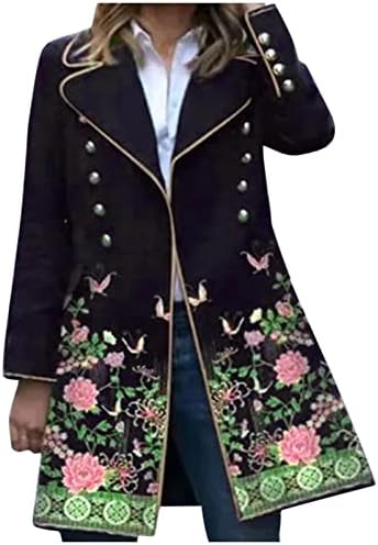 COKUERA Moda Ceketler Kadınlar ıçin Şık Zarif Vintage Baskı Orta Uzunlukta Takım Elbise Ceket Mont Şık Yaka Steampunk Yıpratır