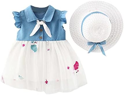 Tül Prenses Elbise Şapka ile Ouftis Bebek Kız Bebek Patchwork Sinek Prenses Kollu Denim Gökkuşağı Elbiseler Kızlar için
