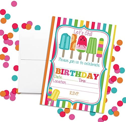 Amanda Creation Yaz Buzlu Şeker Doğum Günü Partisi Davetiyeleri, Yirmi Beyaz Zarflı 20 adet 5x 7 Dolgulu Kart