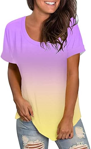 Kadın Yaz Üstleri Kadın Rahat Renkli Degrade Baskı Yuvarlak Boyun Kısa Kollu Bağlama bol tişört Üst