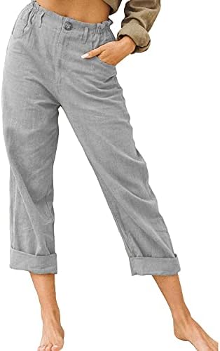 Pamuk Keten Pantolon Kadınlar için Geniş Bacak Düz Rahat Plaj kapri pantolonlar Yaz Egzersiz Kırpılmış cepli pantolon
