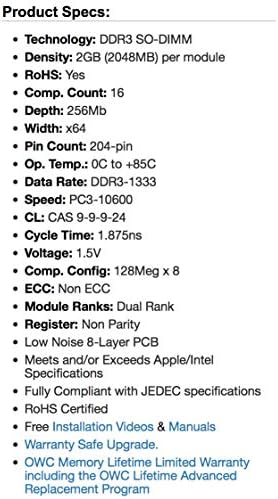 OWC 4.0 GB (2X2 GB) 1333 MHz 204-Pin DDR3 SO-DIMM PC3-10600 CL9 Bellek Yükseltme Kiti, (OWC1333DDR3S04S)