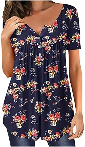 Bayan Üstleri Gizlemek Göbek Tunik 2023 Yaz Kısa Kollu Çiçek Baskı Henley Gömlek Tshirt Tayt ile Giymek