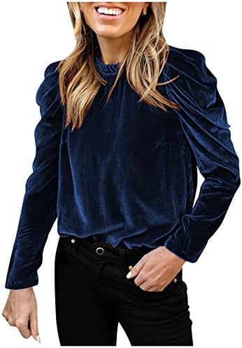 Kadife Kadınlar için Tops Katı Mock Boyun Uzun Kollu Vintage Bluz Zarif Slim Fit Sıcak Kazak Gömlek