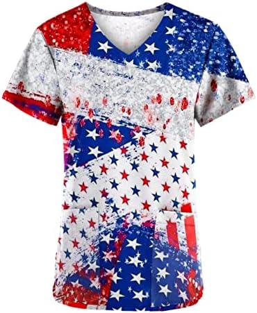4th Temmuz 2023 Scrub_Tops Kadınlar için Amerikan Bayrağı Baskı T Shirt V Boyun Kısa Kollu İş Giysisi Cepli