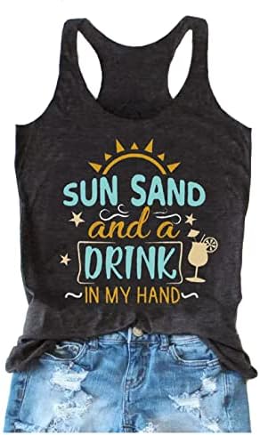 Güneş Kum ve Bir İçecek Elimde Tankı Üstleri Bayan Yaz Plaj Grafik Kolsuz T Shirt Sevimli Ülke Tatil Tankı Cami