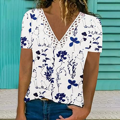 Kadın Dantel Trim Derin V Boyun Tunik Üstleri Yaz Rahat Kısa Kollu Çiçek Baskı Gömlek Bluzlar