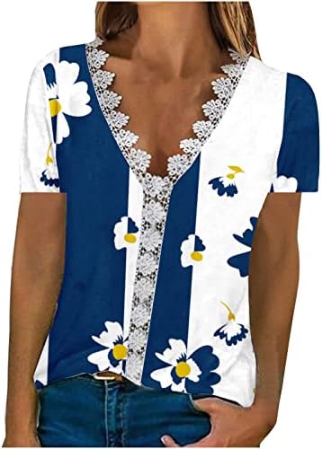 Kadınlar için 2023 Yaz Üstleri Moda Çiçek Baskılı Dantel Patchwork V Yaka Kazak Gevşek Casual Bluz Tee Gömlek