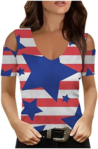 Bayan Soğuk Omuz 4th Temmuz Üstleri Slim Fit Vatansever Gömlek Tatil Bardot Üstleri Amerikan Bayrağı Baskı Gömlek Bluz