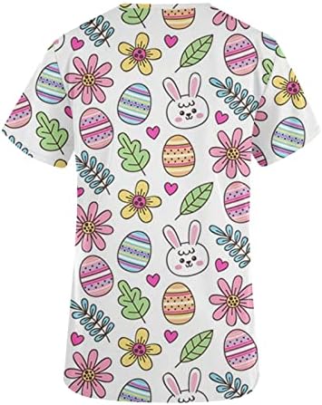 Paskalya Fırçalama Üstleri Kadın Şık Rahat İş Giysisi Bluz 2023 V Boyun Wrap Hemşirelik Üst Sevimli Komik Tatil Scrubs T-Shirt
