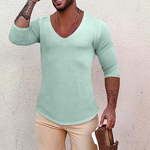 XXBR erkek V Boyun T-Shirt Sonbahar Uzun Kollu Örgü Düz Renk Temel Tee Üstleri Atletik Spor Rahat Fanilalar