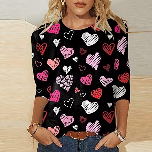 Kadınlar için 3/4 Kollu Gömlek, sevimli Desen Baskı Yuvarlak Boyun 3/4 Kollu Tunik Bluz Temel Grafik Tshirt Kadınlar için